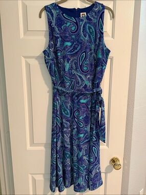 Anne Klein Blue Paisley Tie-Waist Midi Dress, Sz 12